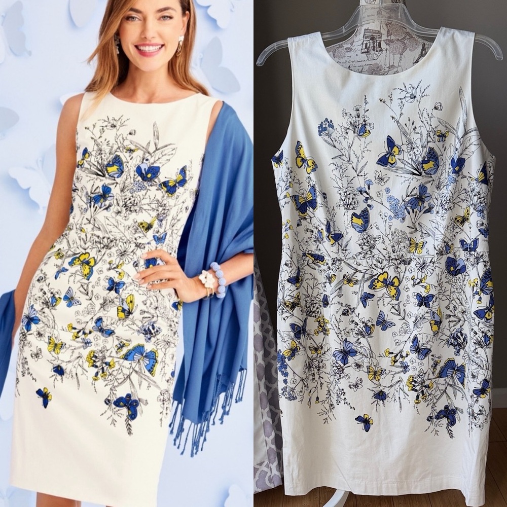 The RSVP by Talbots Ivory Blue Yellow Butterfly Sheath Dress NWT
